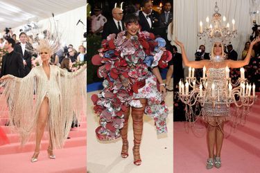 Céline Dion en 2019, Rihanna en 2017 et Katy Perry en 2019 lors du Met Gala, à New York.