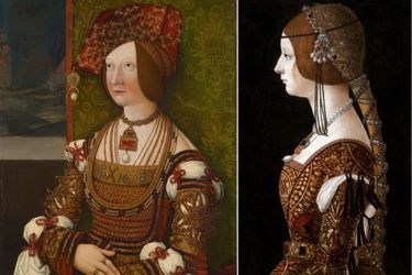 Portraits de Bianca Maria Sforza par l’atelier de Bernhard Strigel, vers 1505-1510 (Collection of Art History Museum, Vienne), et par Ambrogio de Predis, en 1493 (National Gallery, Washington DC)