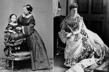La princesse Beatrice du Royaume-Uni avec sa mère la reine Victoria en 1860. A droite, le 23 juillet 1885, jour de son mariage