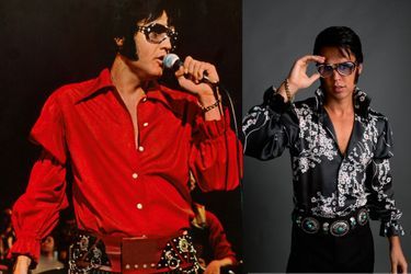 En 1970, dans le documentaire «Elvis Show». Il avait acheté ses lunettes, devenues iconiques, pour quelques dollars dans une station-service. A d. : «Austin Butler, dit Baz Luhrmann, est littéralement devenu le personnage, sur trois décennies, et enchantant lui-même! Si je ne l’avais pas rencontré, je n’aurais jamais tourné ce film.»