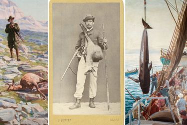 Le prince Albert Ier de Monaco en 1872 à Gmünd en Autriche (au centre). Détail d&#039;une chasse à Isards dans les Pyrénées, 1919 (à gauche) et Chasse aux cétacés, 1909 (à droite), par Louis Tinayre