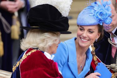 La duchesse de Cornouailles Camilla et Kate Middleton, duchesse de Cambridge à Windsor lors de la cérémonie de l'ordre de la Jarretière, le 13 juin 2022