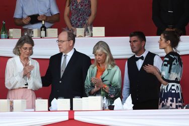 Le prince Albert II, sa soeur la princesse Caroline et Charlotte Casiraghi au Jumping International de Monaco, 16eme édition du Longines Global Champions Tour, le 2 juillet 2022. 