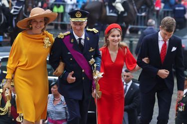 Le roi Philippe, son épouse la reine Mathilde et leurs enfants, la princesse héritière Elisabeth avec le prince Emmanuel lors du service religieux donné à la cathédrale Sainte-Gudule à l'occasion de la Fête nationale belge, à Bruxelles, le 21 juillet 2022. 
