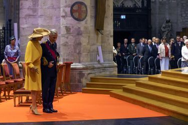 Le roi Philippe, son épouse la reine Mathilde lors du service religieux donné à la cathédrale Sainte-Gudule à l'occasion de la Fête nationale belge, à Bruxelles, le 21 juillet 2022. 