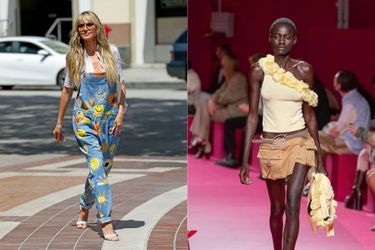 Le mannequin Heidi Klum en avril 2022 à Los Angeles, en salopette à imprimé soleil. A d. : Blumarine été 2022