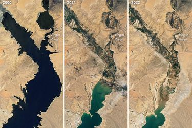 Le niveau d'eau du lac Mead, en 2000, 2021 et 2022. 