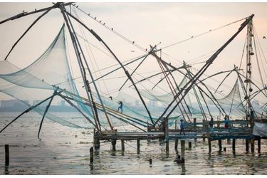 KERALA, INDE À Cochin, métropole de plus de 2 millions d’habitants, ces hommes remontent les filets après une pêche à la crevette.