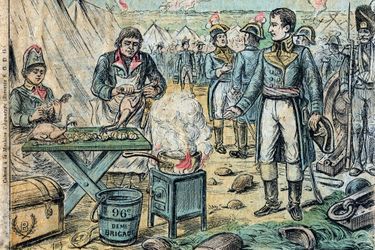 Illustration du magazine «La Cuisine des Familles» montrant Napoléon et ses cuisiniers lui préparant des poulets le jour de la bataille de Marengo 
