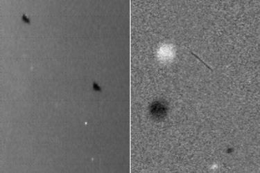 Deux images composites réalisées à partir des données obtenues par les astronomes ukrainiens. Les objets blancs sont classés dans la catégorie "cosmiques" et les objets sombres ont été nommés "fantômes".