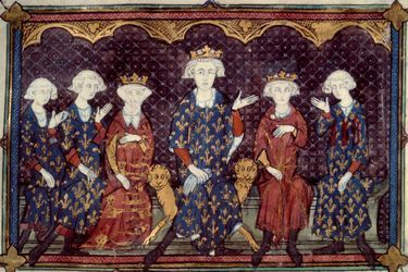 Le roi Philippe le Bel avec ses enfants et son frère, miniature d’un manuscrit de Raymond de Béziers, 1313 (Bibliothèque nationale)  
