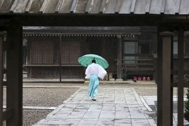 Un prêtre tenant un parapluie marche sur un chemin au grand sanctuaire d'Izumo.
