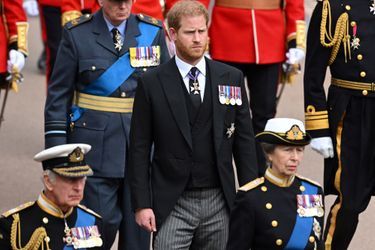 Le prince Harry au Château de Windsor pour le service funèbre de Sa Majesté, ultime étape des funérailles de la reine Elizabeth II, lundi 19 septembre 2022.  <br />
