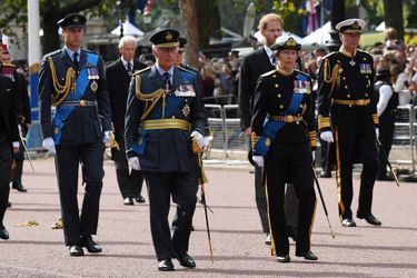 La princesse Anne avec ses frères et ses neveux, lors de la procession menant la dépouille de la reine Elizabeth II, du Palais de Buckingham au Palais de Westminster à Londres, le 14 septembre 2022
