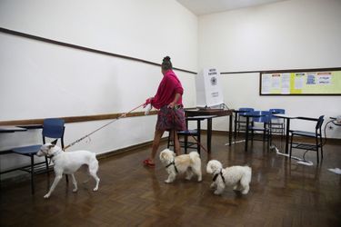 Une électrice venue accompagnée de ses trois chiens. 