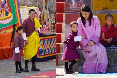 Le roi du Bhoutan Jigme Khesar Namgyel Wangchuck, la reine Jetsun Pema et leurs fils les princes Jigme Namgyel  et Jigme Ugyen au Panbang Tshechu, le 15 novembre 2022 