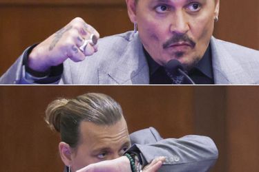 Johnny Depp, 58, is sworn in (inset) on April 19.  The next day, he mimes a blow that Amber would have given him and how he would have protected himself from it.