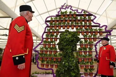 The floral portrait of Queen Elizabeth II, by florist Simon Lycett, at the Chelsea Flower Show in London on May 23, 2022