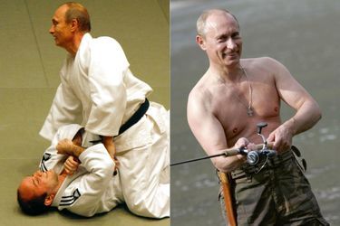 ag : 2007. Un joyeux pêcheur de 55 ans dans la rivière Khemchik, dans la petite République de Touva, dans le sud de la Sibérie, a la frontière avec la Mongolie. to d. : 2009. Demonstration of Poutine, ceinture noire de judo. They are honorary president and ambassador of the International Judo Federation will be suspended three days after the invasion of Ukraine.