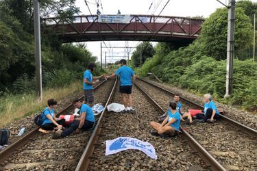 Activists chained to the railway tracks.