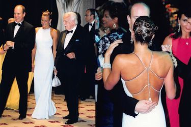 Prince Rainier III of Monaco, Princess Stephanie and Prince Albert II of Monaco at the Monaco Red Cross Gala, 1999, in Monte Carlo, Monaco.