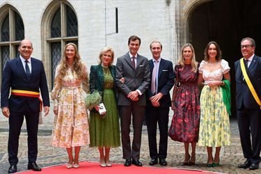 Princess Astrid of Belgium with her other children, Princes Amedeo and Joachim and Princesses Luisa Maria and Laetitia Maria, and her daughter-in-law Princess Elisabetta at the civil wedding of Princess Maria Laura in Brussels, September 10, 2022