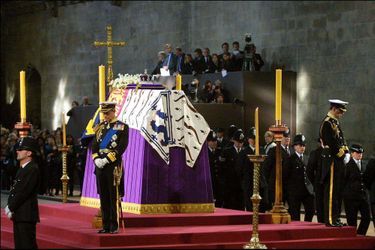 Prince Charles and Prince Andrew at the 'Princes' Vigil' for their grandmother Queen Consort Elizabeth at Westminster Hall in London, April 8, 2002