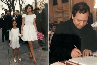 A g. : Mariage civil en Prada avec Oona, ma demoiselle d’honneur. A d.: A la mairie, Azzedine Alaïa signe le registre. Il a dessiné ma robe et celle d’Oona pour la cérémonie religieuse