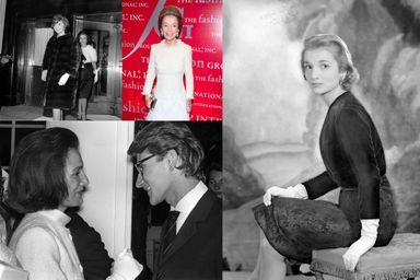 De g. à dr. : la princesse Lee Radziwill avec sa sœur Jacqueline en mars 1961 à Londres; en 2011 à New York; en 1956 et avec Yves Saint-Laurent en juillet 1962.