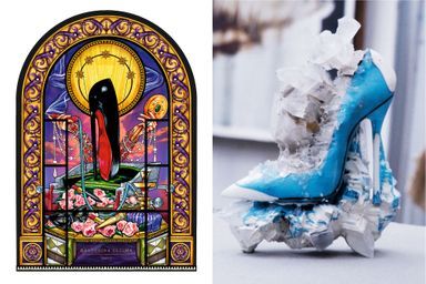 A g. : Vitrail « Ballerina Ultima » réalisé par les artisans de la Maison du vitrail à Paris. A d. : Ebauche du soulier de cristal, ateliers Stéphane Gérard.