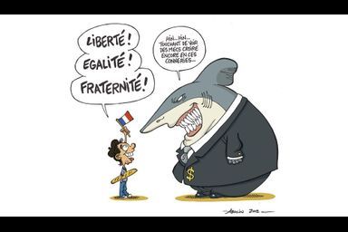 <br />
Georges Abelin imagine le citoyen français face au requin de la finance.