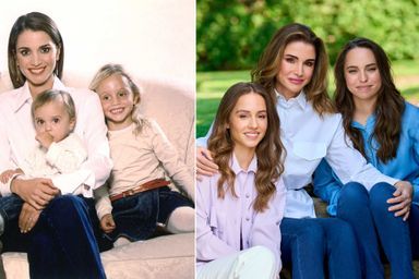 La reine Rania de Jordanie avec ses filles les princesses Iman et Salma, photo partagée sur sa page Instagram le 27 septembre 2022. A gauche, toutes les trois en juin 2003