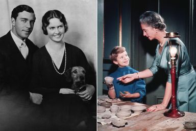 La princesse Sibylla avec son époux le prince héritier Gustav Adolf de Suède et leur chien, en 1934 (à gauche) et avec son fils le prince Carl Gustaf, photo non datée (à droite)