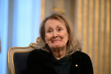 La lauréate du prix Nobel de littérature Annie Ernaux lors de sa conférence à Stockholm, mercredi 7 décembre 2022.