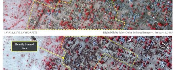 Image satellite du 2 et du 7 janvier montrant la ville de Baga avant et après l'attaque de Boko Haram.