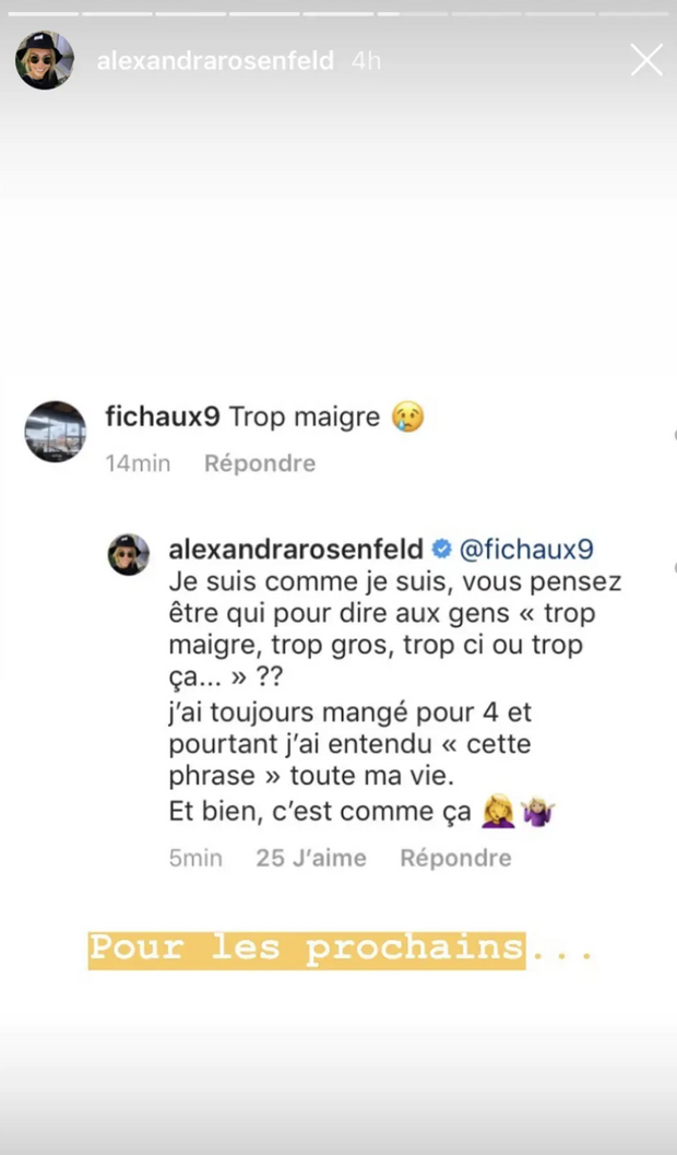 Alexandra Rosenfeld répond à un internaute qui la juge "trop maigre". Mai 2019. Alexandra Rosenfeld répond à un internaute qui la juge "trop maigre". Mai 2019.
