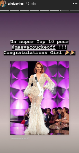 Alicia Aylies félicite Maëva Coucke après sa participation au concours Miss Univers 2019, le 9 décembre 2019