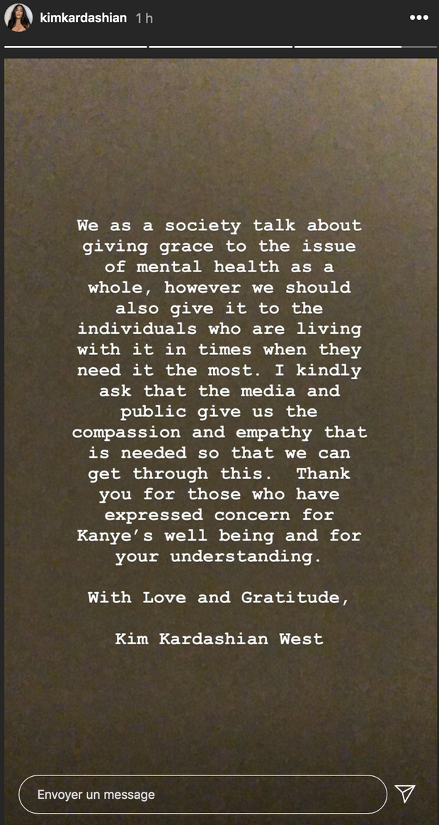 Kim Kardashian s'exprime sur la santé mentale de Kanye West le 22 juillet 2020 Kim Kardashian s'exprime sur la santé mentale de Kanye West le 22 juillet 2020