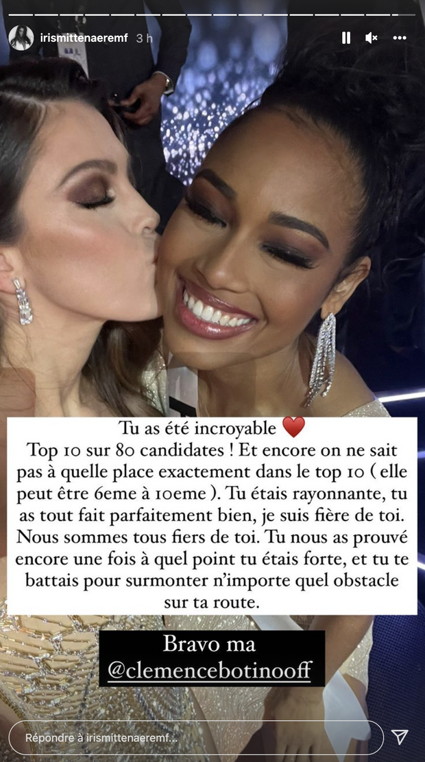Iris Mittenaere félicite Clémence Botino après sa participation à Miss Univers 2021 le 12 décembre 2021