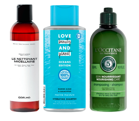 Le nettoyant micellaire, Coelho Beauty, 35 €. Shampooing vague d’hydratation, Love Beauty and Planet, 7,20 €. Shampooing soin nourrissant aromachologie, L’Occitane, 6 €