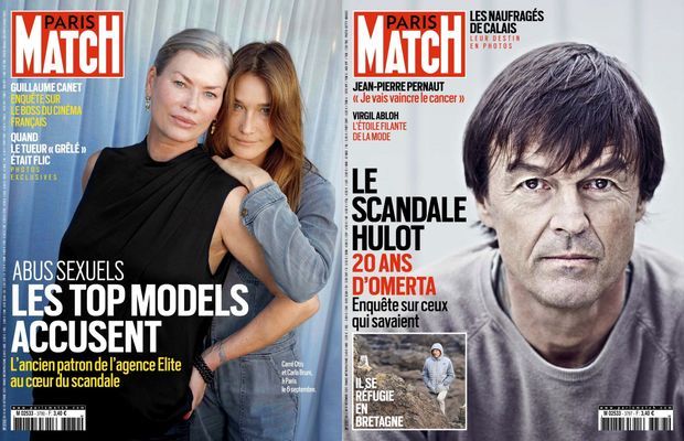 Carré Otis, soutenue par son amie Carla Bruni, en couverture de Paris Match n°3780, daté du 14 octobre 2021. L'Affaire Hulot en couverture de Paris Match n°3787, daté du 2 décembre 2021.