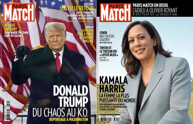 Donald Trump en couverture de Paris Match n°3741, daté du 14 janvier 2021. Kamala Harris en couverture de Paris Match n°3740, daté du 7 janvier 2021.