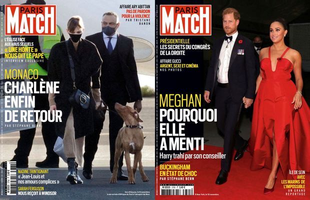 Charlène de Monaco en couverture de Paris Match n°3784, daté du 10 novembre 2021. Le prince Harry et son épouse Meghan en couverture de Paris Match n°3785, daté du 18 novembre 2021.