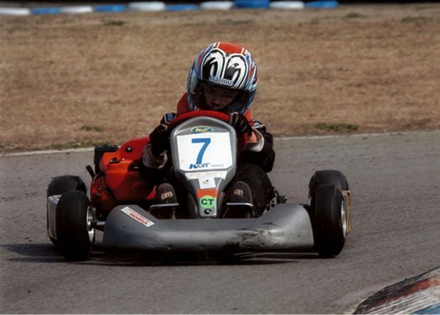 Pierre Gasly at 8, on his first mini-kart, tinkered with a lawn mower engine.  Anneville-Ambourville circuit, in Normandy.