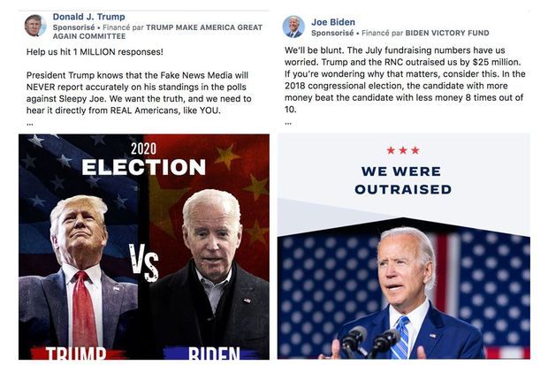 Une publicité diffusée par Donald Trump, où Joe Biden est montré devant un drapeau chinois, et une publicité de Joe Biden appelant aux dons. Une publicité diffusée par Donald Trump, où Joe Biden est montré devant un drapeau chinois, et une publicité de Joe Biden appelant aux dons.