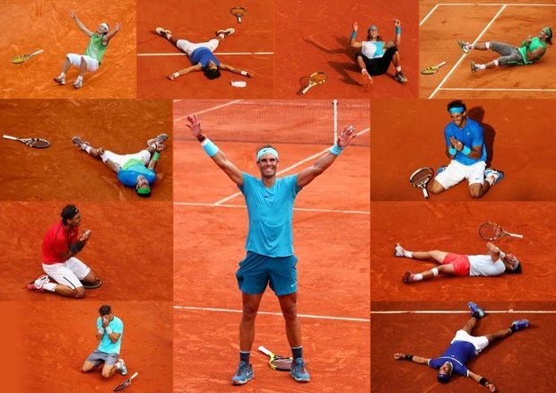 Rafael Nadal célébrant ses onze premières victoires à Roland-Garros (2005,2006,2007,2008,2010,2011,2012,2013,2014,2017,2018)… Rafael Nadal célébrant ses onze premières victoires à Roland-Garros (2005,2006,2007,2008,2010,2011,2012,2013,2014,2017,2018)…