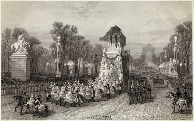 Gravure figurant le char funèbre de Napoléon Ier sur les Champs-Elysées, le 15 décembre 1840