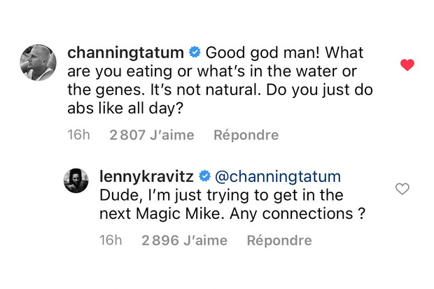 Echange entre Channing Tatum et Lenny Kravitz. Echange entre Channing Tatum et Lenny Kravitz.