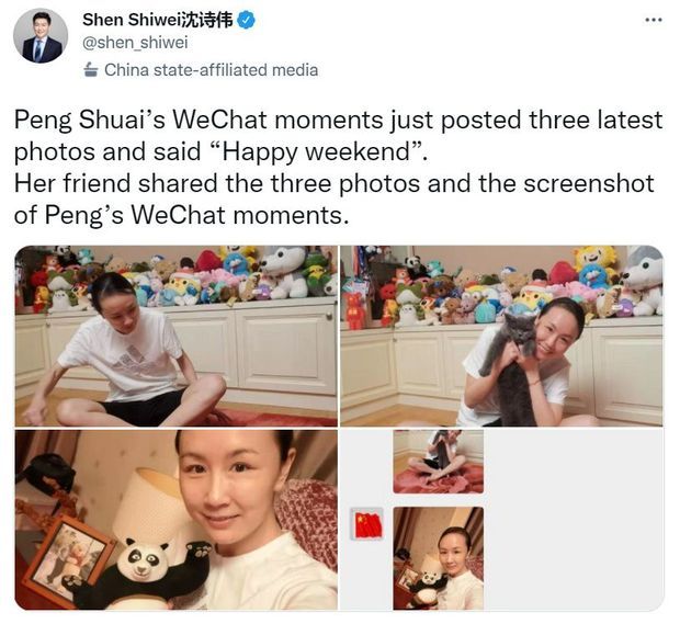 Capture d'écran d'un tweet montrant des photos de Peng Shuai.