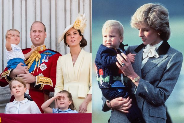 William avec Kate et leurs enfants Louis, Charlotte et George en 2019. A droite bébé dans les bras de sa mère Diana en 1983. William avec Kate et leurs enfants Louis, Charlotte et George en 2019. A droite bébé dans les bras de sa mère Diana en 1983.